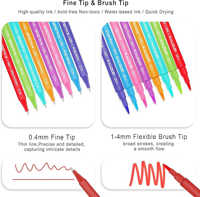 Kalour 36 Colors Art Markers Pens,Dual Tip (Brush and Fine Point),Color Number and Color Name,Art Marker for Coloring Lettering Calligraphy Drawing Journaling,Coloring Art Gift for Adult Beginner Kids