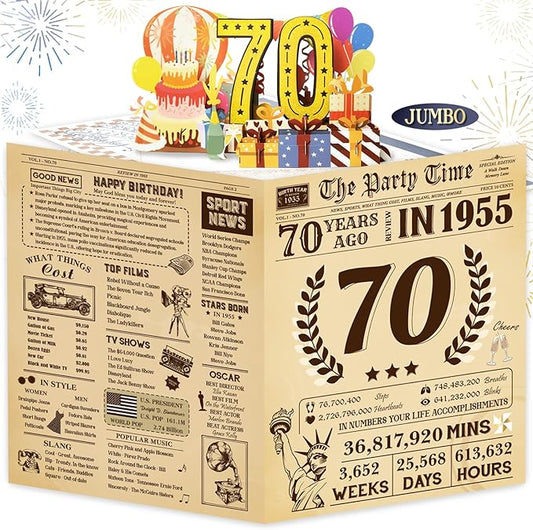 Funny 70th Birthday Card for Women Men, 3D Pop Up 70th Birthday Decorations for Her Him, Happy 70th Birthday Gifts for Grandma Grandpa, Jumbo 70 Year Old Birthday Card, Review of 1955, Classy (8"x10")