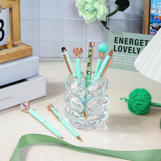 WEMATE 8Pcs Ballpoint Pens Set Metal Crystal Diamond Pen Glitter Pen for Journaling Green Pen Bling in Black & Blue Ink Pretty Cute Pens Fancy Pens Gifts for Women Wedding School Office Desk(Green)