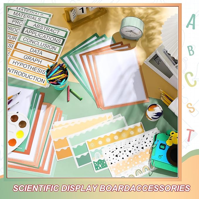 90 Pcs Science Fair Board Supplies 60 Trim Scalloped Bulletin Board Borders 24 Presentation Board Subtitles 6 Science Fair Titles for Classroom Display Boards(Geen Boho)