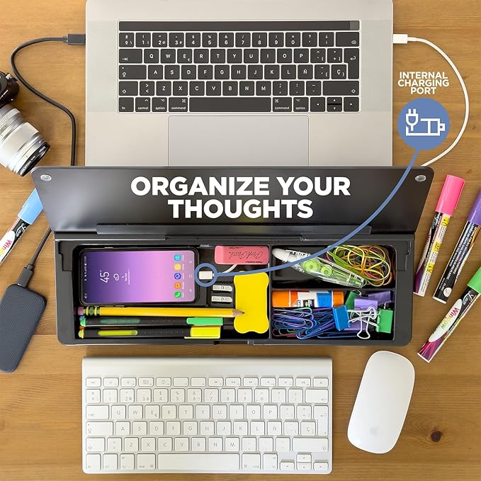 Desktop Dry Erase Board - Glass Erase Board - Black Desk Computer Buddy – Home Office & Studying Essentials - Phone & Tablet Slot, Storage Compartment - Includes 4 Markers, 1 Eraser.