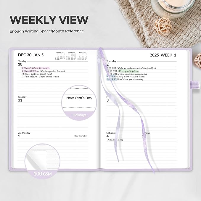 SUNEE 2025 Weekly & Monthly Hardcover Planner 5.5" x 8.3" - 12 Month (January 2025 - December 2025), Small Hardcover Planner, Pocket, Notes, 100 GSM Paper, Purple