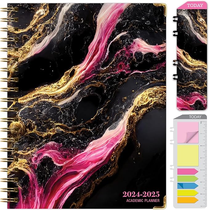 HARDCOVER Academic Year 2024-2025 Planner: (June 2024 Through July 2025) 8.5"x11" Daily Weekly Monthly Planner Yearly Agenda. Bookmark, Pocket Folder and Sticky Note Set (Dark Gold Marble)