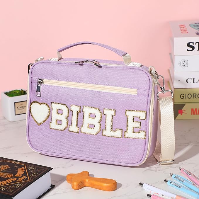 Silkfly Large Chenille Letter Bible Cover for Women Preppy Patch Bible Case Church Bible Bag with Handle(Purple)