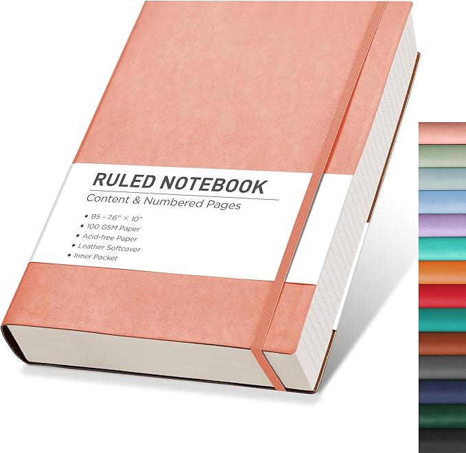 RETTACY Journaling Notebooks, B5 Lined Journal Notebook with 320 Numbered Pages, 7.6" × 10", Medium Size, Journal Notebook for Writing, Work, School, Leather Softcover, 100 GSM Thick Paper (Pink)