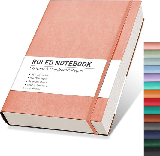 RETTACY Journaling Notebooks, B5 Lined Journal Notebook with 320 Numbered Pages, 7.6" × 10", Medium Size, Journal Notebook for Writing, Work, School, Leather Softcover, 100 GSM Thick Paper (Pink)