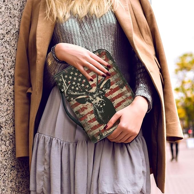 Lotusorchid American Flag Deer Printed Bible Bags, Faux Leather Bible Covers with Handle Pockets for Women, Portable Sturdy Bible Bag for Girls Ages 8-12, Christian Bible Study Accessories