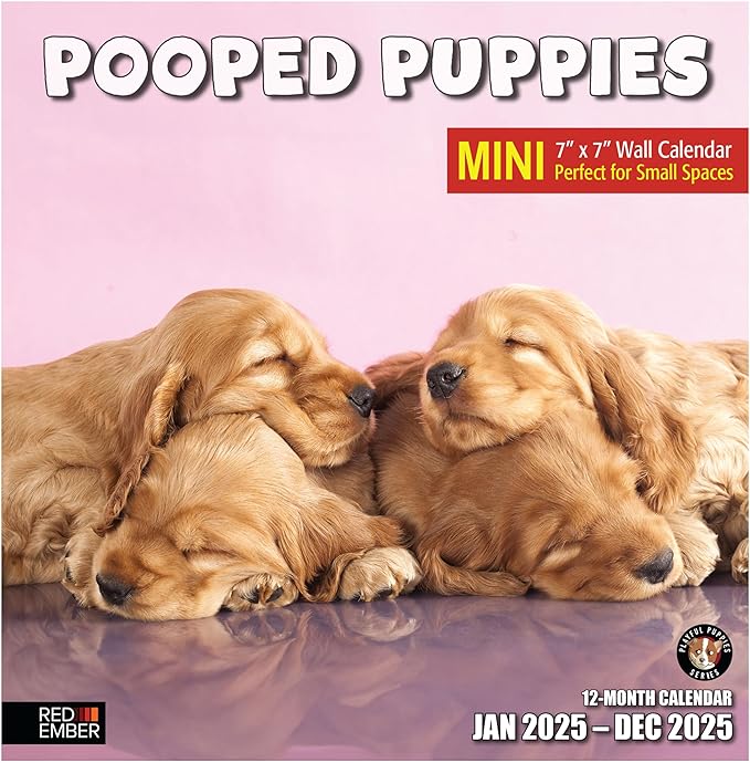 RED EMBER Pooped Puppies Mini 2025 Wall Calendar 12 Month | 7" x 14" Open | Thick & Sturdy Paper | Giftable | Calendar 2025