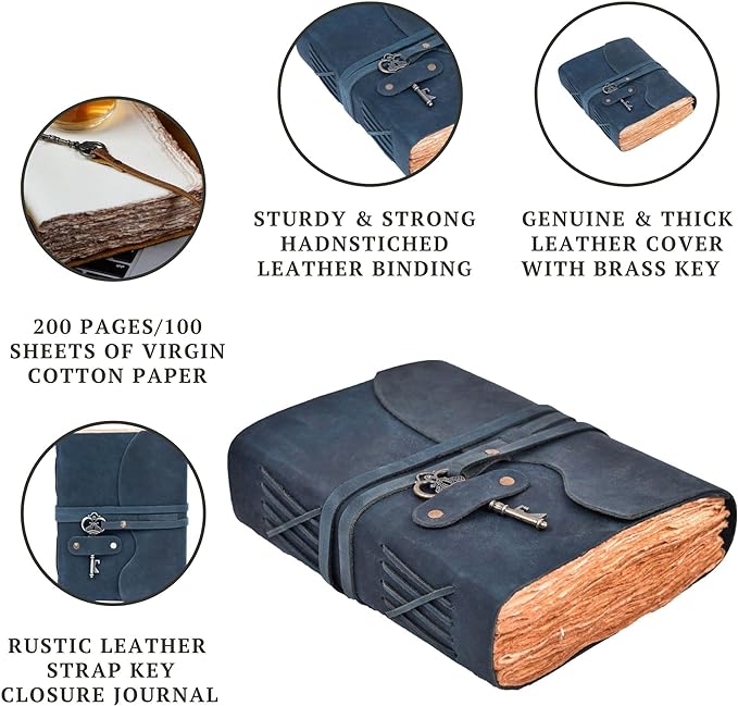 LEATHER VILLAGE Vintage Leather Journal – 200 Handmade Vintage Deckle Edge Paper – Leather bound Journal For Women Men – Vintage Key Closure - Book of Shadows - Blue - 6X4 inches (A6)
