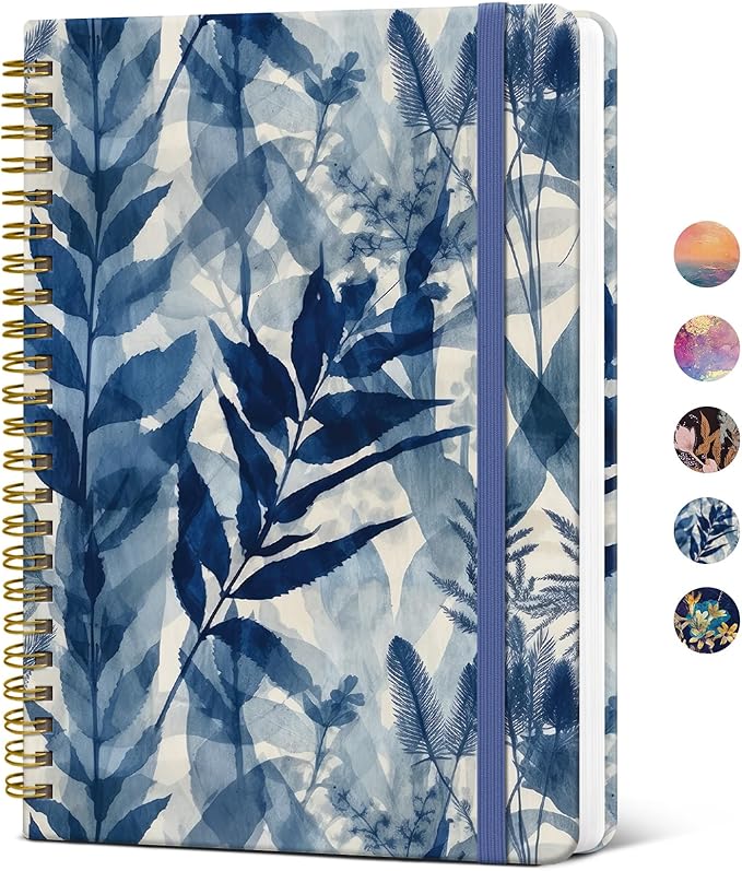 Lined Spiral Journal Notebook for Women, A5 College Ruled Journals for Writing, Hardcover Notebooks for Work, Note taking and Office School Supplies,140 Pages - Blue Leaves