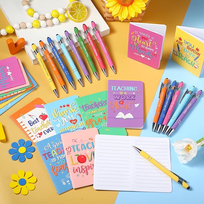 Funrous 32 Pcs Motivational Quote Pens Inspirational Notepads Mini Journal with Ballpoint Pen Small Notebooks Gift Set for Men Women Coworkers, Adult Party Favors Prizes Gift Bulk(Teacher)