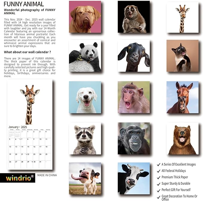 2025 Wall Calendar,Funny Calendar 2025, November 2024 - December 2025, Wall Calendar Funny Animal Memes, 12" x 24" Opened, Full Page 14 Months Thick Paper for Gift Calendar Organizing Planning