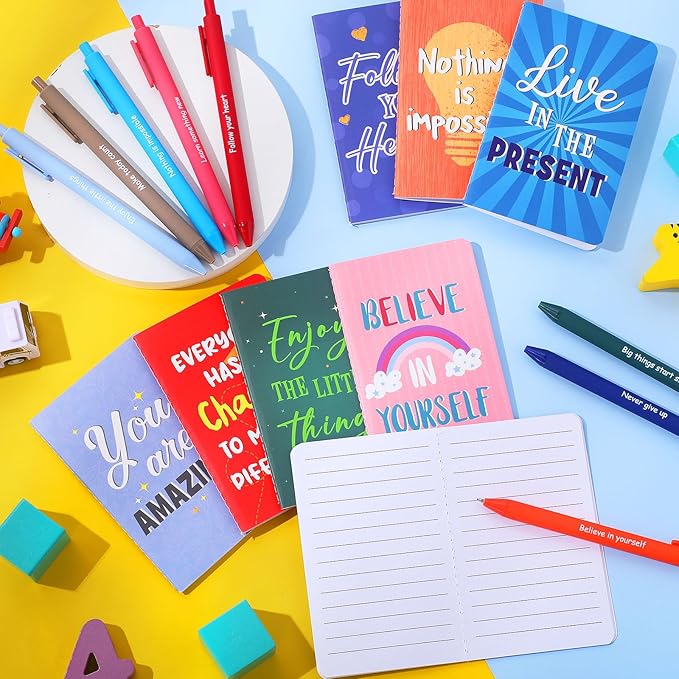 Funrous 32 Pcs Motivational Quote Pens Inspirational Notepads Mini Journal with Ballpoint Pen Small Notebooks Gift Set for Men Women Coworkers, Adult Party Favors Prizes Gift Bulk(Vibrant)