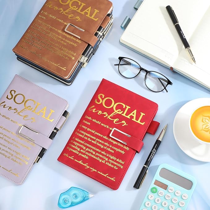 Chuangdi 6 Sets Social Worker Appreciation Gift Bulk A5 Leather Journal Notebook with Metal Buckle Ballpoint Pen Thank You Inspiration Gift for School Social Worker Graduation Nursing Volunteer BSW