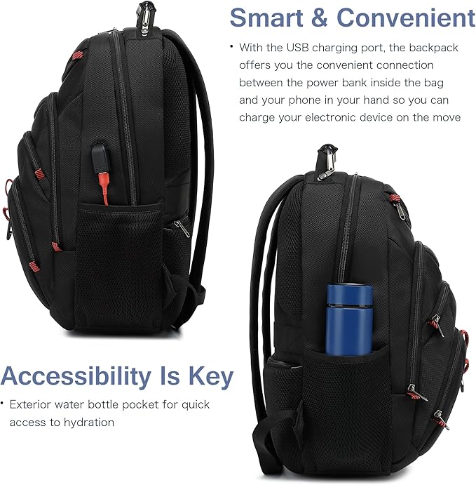 Laptop Backpack for Men - Travel Backpack with USB Charging Port for Daily Commutes and Travel -College Backpack Men - Gifts for Men - Waterproof - Black
