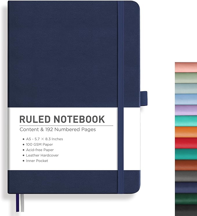 RETTACY Journaling Notebooks, A5 Lined Journal Notebook with 192 Numbered Pages, 5.7'' × 8.3'' Medium Size, for Writing, Work, Office, Leather Hardcover, 100 GSM Thick Paper (Navy Blue)