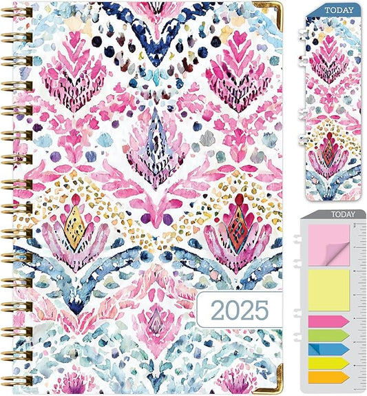 HARDCOVER 2025 Planner, 5.5"x8": 14 Months (November 2024 - December 2025), Daily Weekly Monthly Planner, Yearly Agenda, Bookmark, Pocket Folder and Sticky Note Set (Boho Ikat)