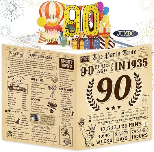 Funny 90th Birthday Card for Women Men, 3D Pop Up 90th Birthday Decorations for Her Him, Happy 90th Birthday Gifts for Grandma Grandpa, Jumbo 90 Year Old Birthday Card, Review of 1935, Classy (8"x10")