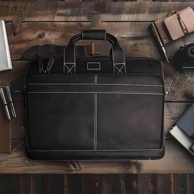 LEATHER VILLAGE 16" Leather Laptop Messenger Briefcase Bag for Men-Leather Satchel for Travel and Office Shoulder Bag-Black