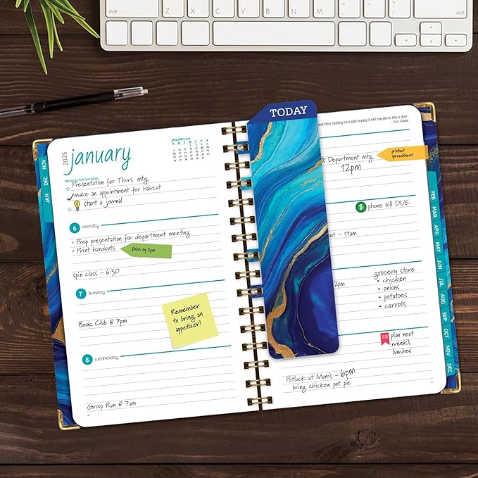 HARDCOVER 2025 Planner, 5.5"x8": 14 Months (November 2024 - December 2025), Daily Weekly Monthly Planner, Yearly Agenda, Bookmark, Pocket Folder and Sticky Note Set (Dark Blue Marble)