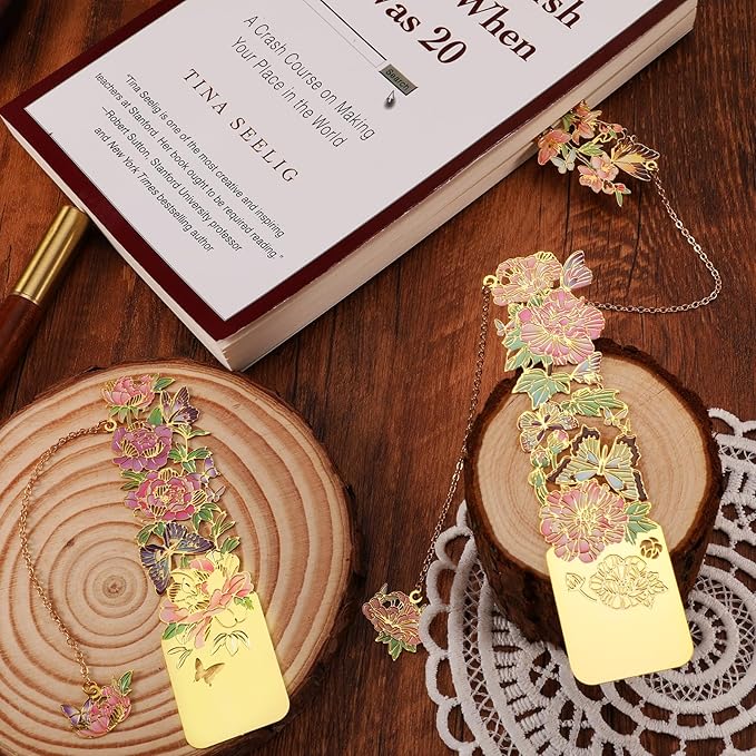 3 PCS Metal Bookmarks, Bookmarks for Reading Women, Pretty Bookmarks for Women, Beautiful Metal Bookmark, Beautiful Flower Bookmark, Peach Blossom, Cottonrose Hibiscus, Peony (BKM-050-001)