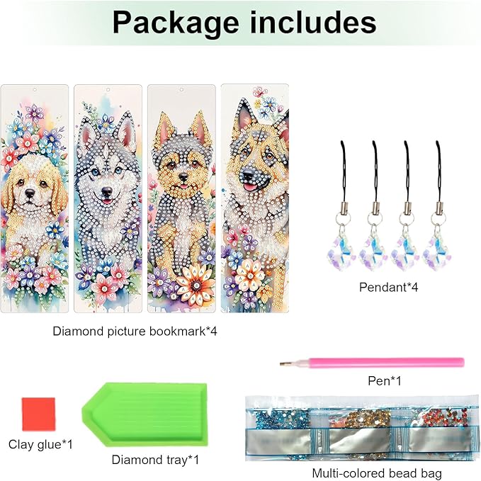 4 Pieces Diamond Art Painting Bookmarks for Adults 5D Floral Rhinestone Bookmarks Animal Dog Art Bookmarks DIY Diamond Painting Bookmarks with Tassels Crafts Supplies
