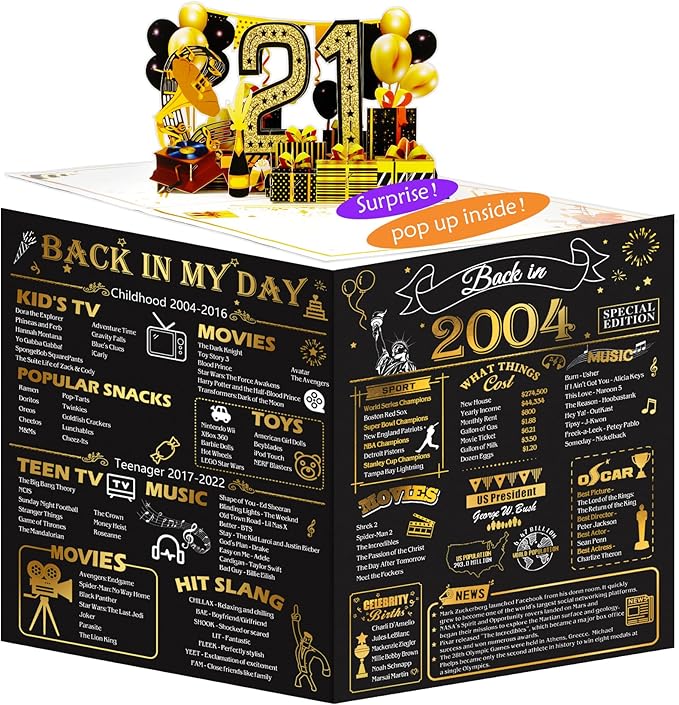 21st Birthday Card for Girls Boys, 3D Pop Up 21st Birthday Gifts Cards, Happy 21 Birthdays Decorations for 21 Year Old Son Daughter, Funny Back In 2004