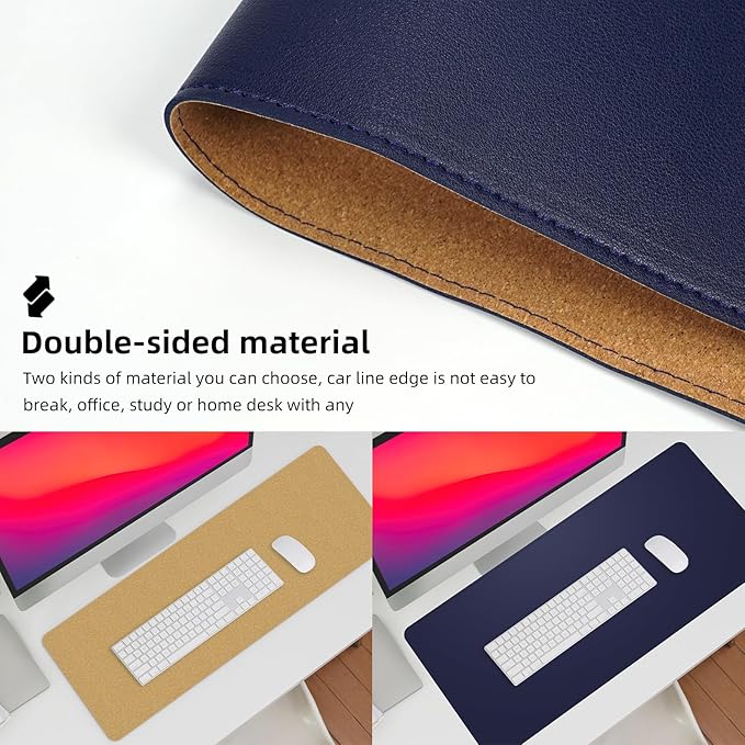 Leather Desk pad Protector, Large Desk mat with Natural Cork & PU Leather,Mouse pad,Non-Slip Office Desk Mat,Waterproof Desk Writing Pad for Office and Home (35in*17in, Blue)