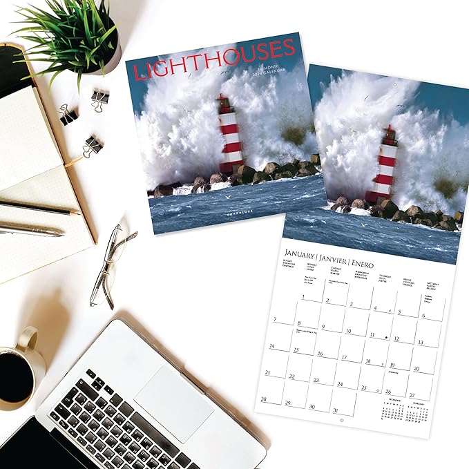 Graphique 2024 Lighthouses Wall Calendar | 12” x 12” | Thick Paper | Home & Office Organizer | Large Monthly Grid | 3 Languages & Marked Holidays | 4 Month Preview Page for 2025