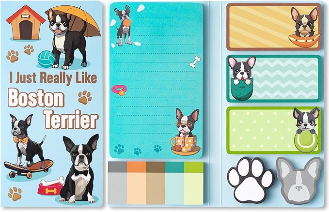 I Just Really Like Boston Terrier Sticky Notes Set, 550 Sheets, Cute Boston Terrier Self-Stick Notes Pads Animal Divider Tabs Bundle Writing Memo Pads Page Marker Back to School Office Supplies