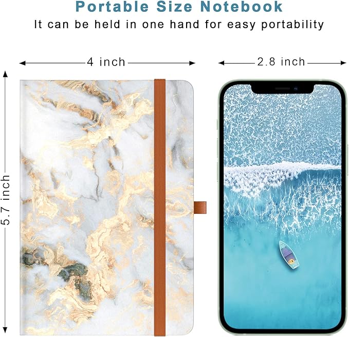 Small Notebook, Mini Pocket Journal A6 5.7" x 3.9", Leather Hardcover Journal with Pen Holder, 160 Thick Papers, Cute Lined Notebook Small Notepad for Women Writing Work Travel, White Marble