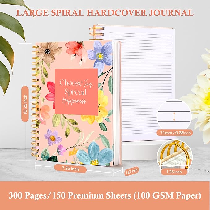Hardcover Spiral Journal, 10.25" x 7.25", 300 Pages Large College Ruled Notebook for Women, Ideal for Writing, Journaling, Note-Taking, Work, School