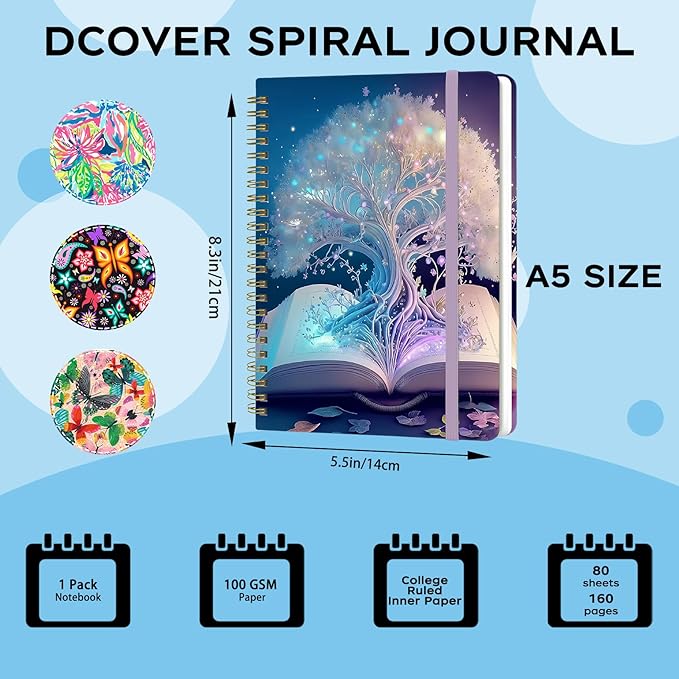 Yoiilifee Spiral Notebook - A5 Spiral Notebooks, 8.3'' × 5.8'', 160 Pages, Aesthetic Journaling Notebooks for Women, College Lined Notebook with Elastic Closure, Back Pocket, for School Office, TreeA