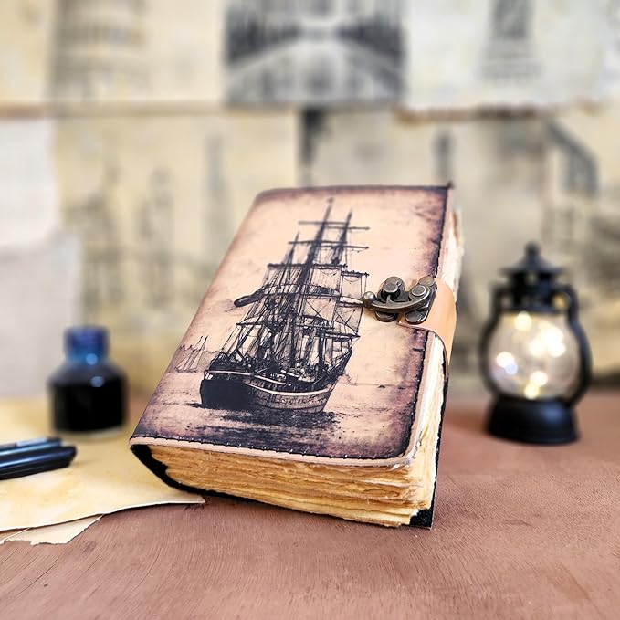 Finun-Lthr Sailing Ship Leather Journal Dairy Notebook Sketchbook | 200 Deckle Papers | C-Shape Lock for Closure (7 * 5 inch)