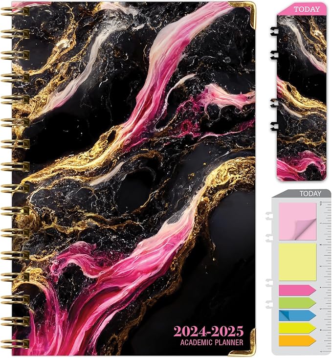 HARDCOVER Academic Year 2024-2025 Planner: (June 2024 Through July 2025) 5.5"x8" Daily Weekly Monthly Planner Yearly Agenda. Bookmark, Pocket Folder and Sticky Note Set (Dark Gold Marble)