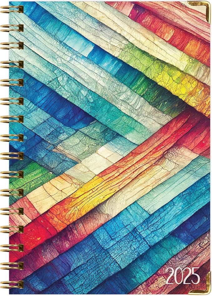 HARDCOVER 2025 Planner, 5.5"x8": 14 Months (November 2024 - December 2025), Daily Weekly Monthly Planner, Yearly Agenda, Bookmark, Pocket Folder and Sticky Note Set (Rainbow Oak)