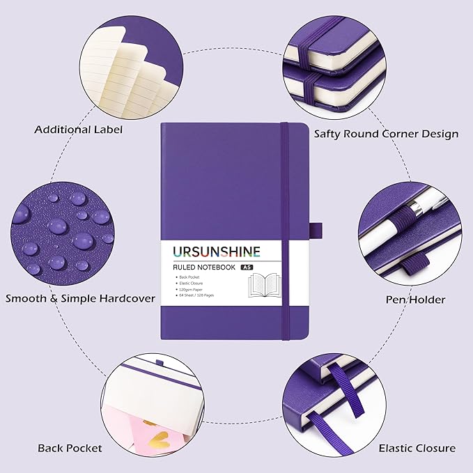 Ruled Notebook/Journal - Classic Lined Journal/Notebook, 5.3'' x 8.26'', Hardcover with Thick Paper, Banded + Pen Holder +Inner Pocket - Periwinkle