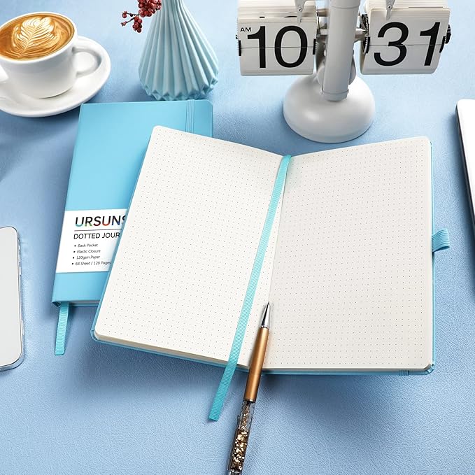 Dotted Journal/Notebook - Dot Grid Hard Cover Notebook, Premium Thick Paper with Fine Inner Pocket, Black Smooth Faux Leather, Pen Loop, 5.3'' x 8.26'' - Light Blue