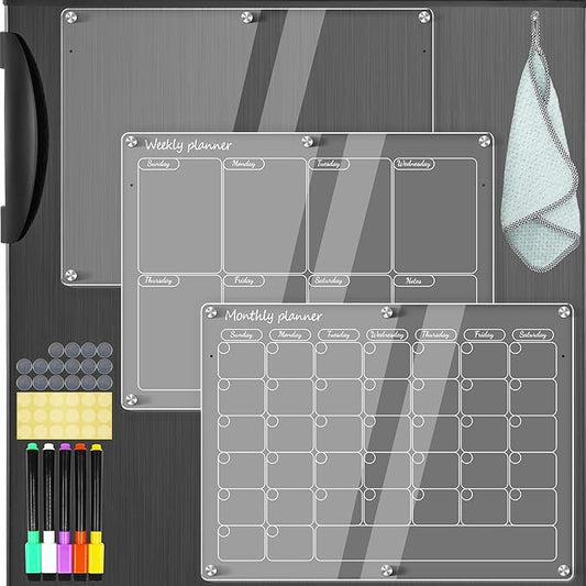 Magnetic Acrylic Calendar for Fridge Magnetic Calendar for Refrigerator, 16"X12" Clear Monthly Weekly Planner 3 Pcs Acrylic Dry Erase Board Magnet Whiteboard