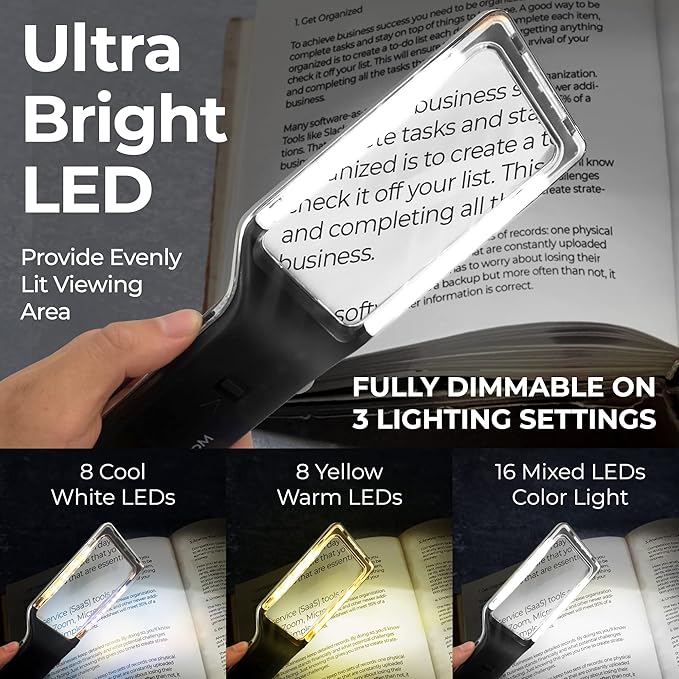 MagniPros 6X Rechargeable Magnifying Glass for Reading with 3 Color Light Modes & Anti-Glare Lens - Relieve Eye Strain | Perfect for Low Vision Seniors, Inspection, Crafts & Fine Print