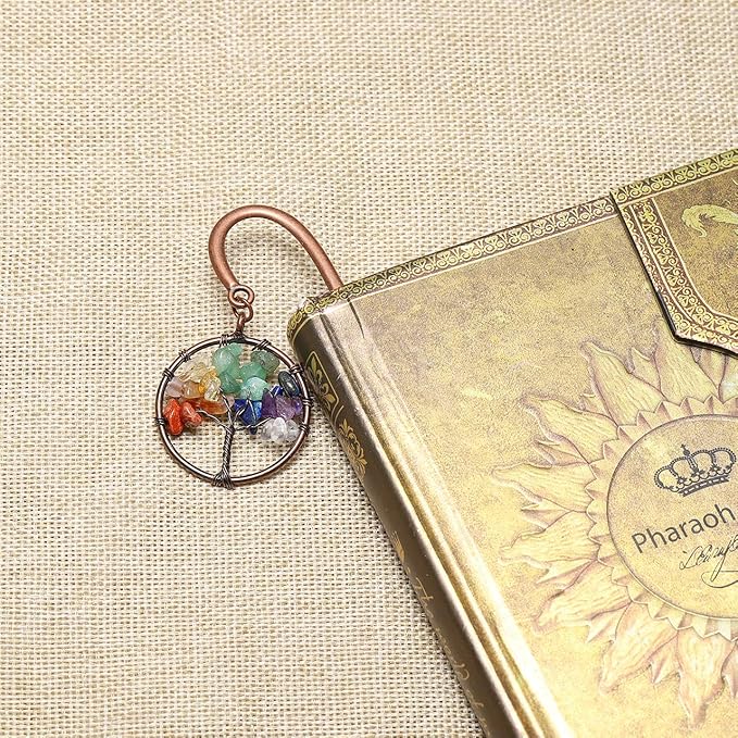 Jovivi Antique Copper Metal Bookmark Beading Bookmarks with Handmade 7 Chakra Tree of Life Tumbled Gemstones