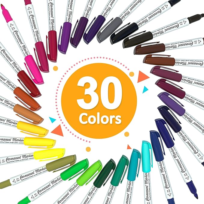 Lelix 30 Colors Permanent Markers, Fine Point, Assorted Colors, Works on Plastic,Wood,Stone,Metal and Glass for Kids Adult Coloring Doodling Marking