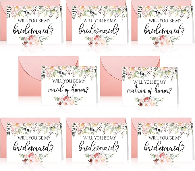 Spakon 16 Pcs Will You Be My Bridesmaid Cards with Envelopes Watercolor Greenery Floral Bridal Proposal Maid of Honor Matron of Honor Invited Favor for Bridal Shower Wedding (Flower)
