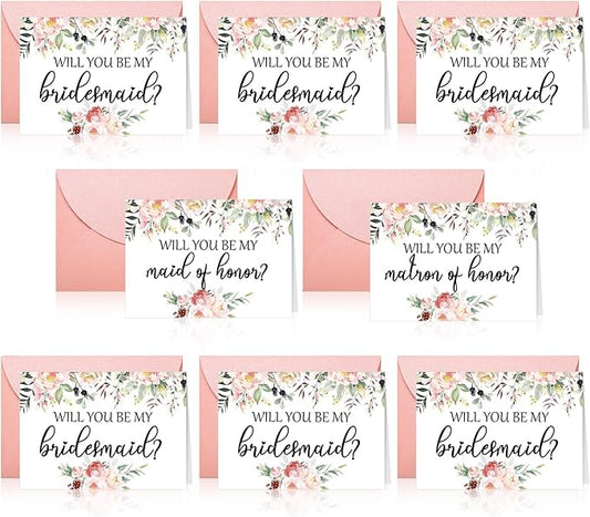 Spakon 16 Pcs Will You Be My Bridesmaid Cards with Envelopes Watercolor Greenery Floral Bridal Proposal Maid of Honor Matron of Honor Invited Favor for Bridal Shower Wedding (Flower)