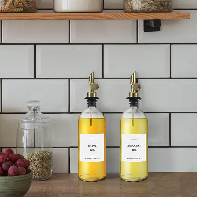 Olive Oil Labels for Glass Bottles - 2.5" x 2.5" Waterproof & Oil-Proof Kitchen PVC Sticker Labels for Oils, Vinegars, Sauces, Cooking Wines & Condiments - Minimalist White, 39pcs