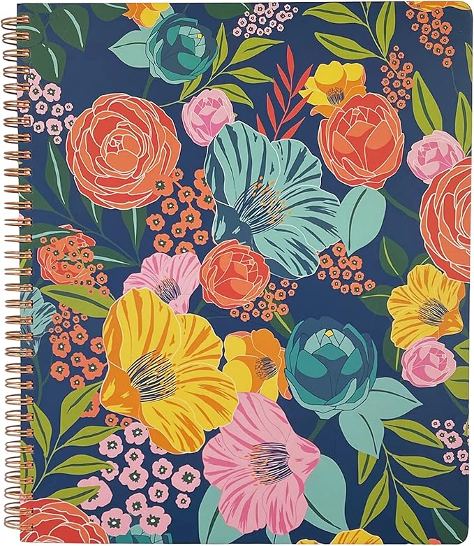 Steel Mill & Co Cute Large Spiral Notebook College Ruled, 11" x 9.5" with Durable Hardcover and 160 Lined Pages, Garden Blooms (Navy)