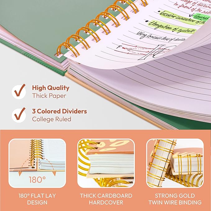 Spiral Notebook - 10.25" x 7.25" Spiral Journal Notebooks College Rule, Cute Notebook Journal for Note Taking Women Writing School, Notebooks for Work, 100 GSM, 300 Pages (Work Hard)