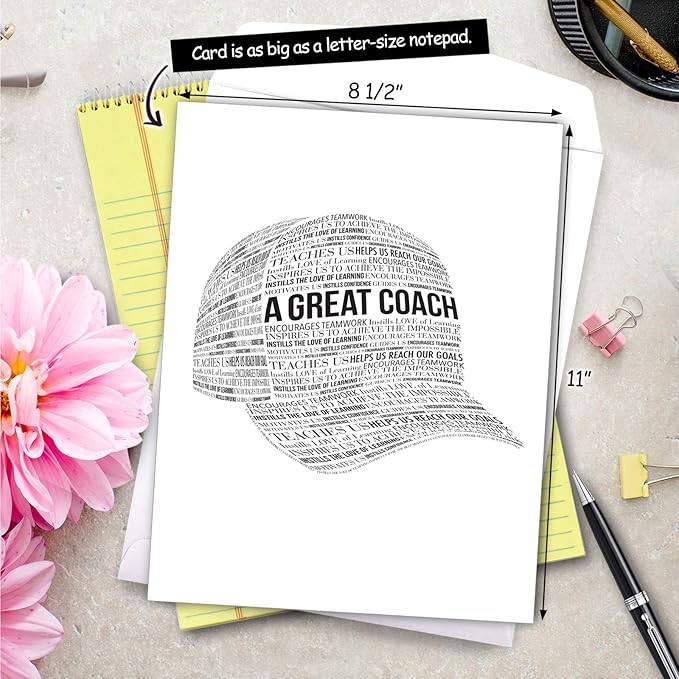 NobleWorks - 1 Jumbo School Teacher Thank You Notecard From US, Everyone w/Envelope (8.5 x 11 Inch) Team Sports Athlete Gratitude, Coaches and Mentor Notecard - Great Coach Thank You J6767TYG-US