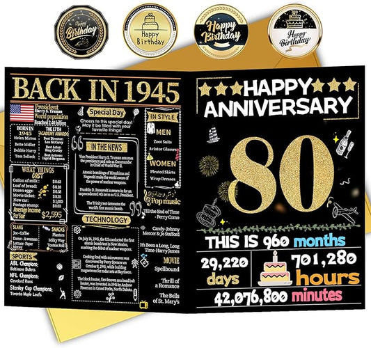 Joycard 80th Anniversary Card for Women Men, Gold Wedding Card for Wife Husband, Sweet Marriage Decorations Gifts for Couple, Perfect for Her Him on Anniversary Day, Back in 1945