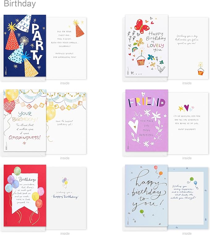 American Greetings 30-Count Birthday Card Assortment Box with Envelopes, Seals, and Storage Box (Kathy Davis Designs, Party Hats)